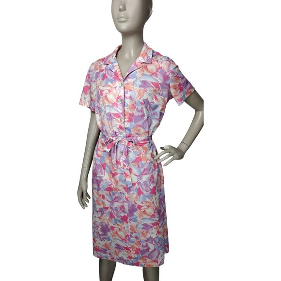 Vintage 70s Marti Petite Pastel Abstract Floral Button-Front Belted Day Dress - Picture 4 of 8